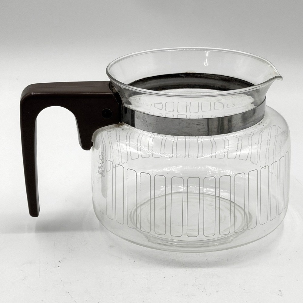 Vtg 10 Cup Glass Coffee Carafe Brown Handle MCM Geometric Line Pattern NO LID